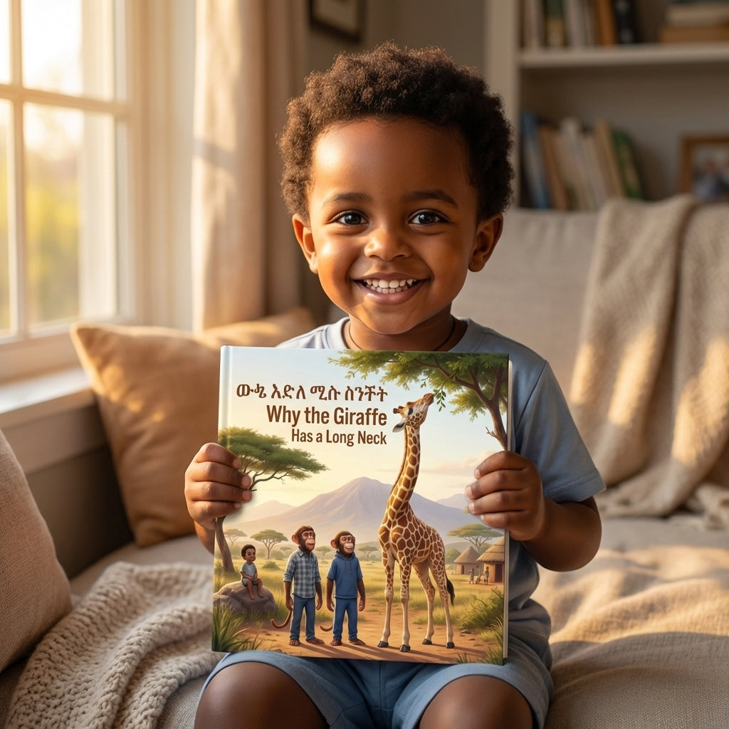 Why the Giraffe Has a Long Neck - Child Holding Book