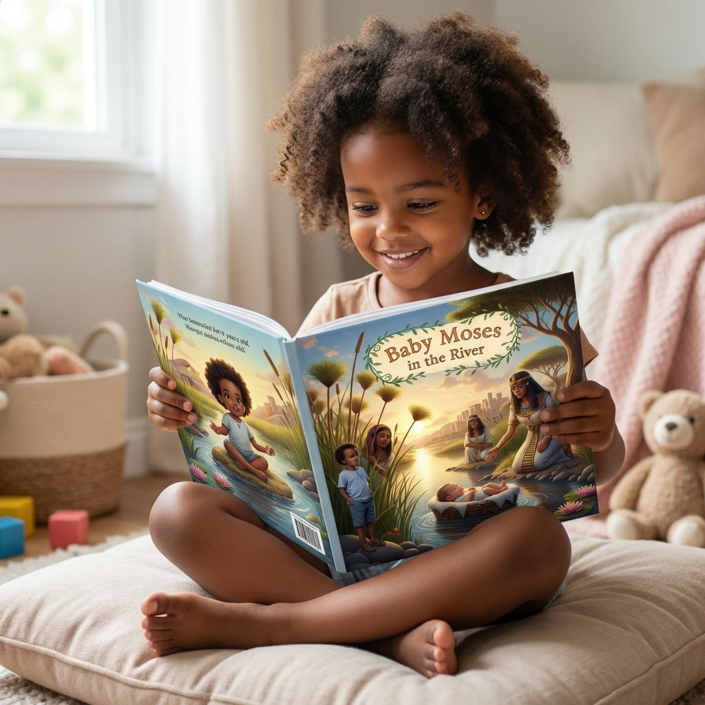 Baby Moses in the River - Child Enjoying Book