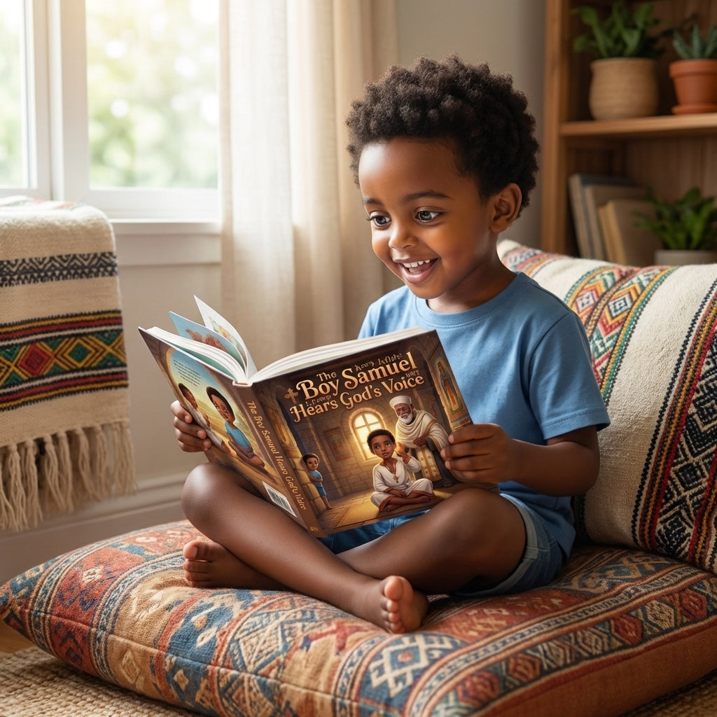 The Boy Samuel Hears God's Voice - Child Enjoying Book