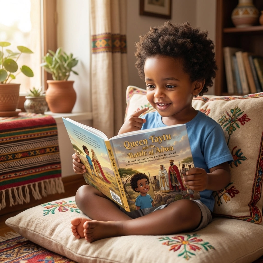 Queen Taytu and the Battle of Adwa - Child Enjoying Book